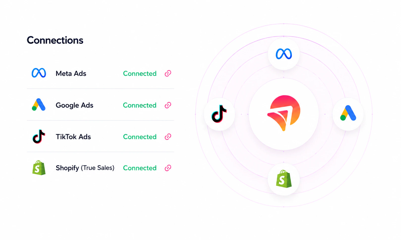 Meta Ads, Google Ads, TikTok Ads and Shopify connected to Adpie