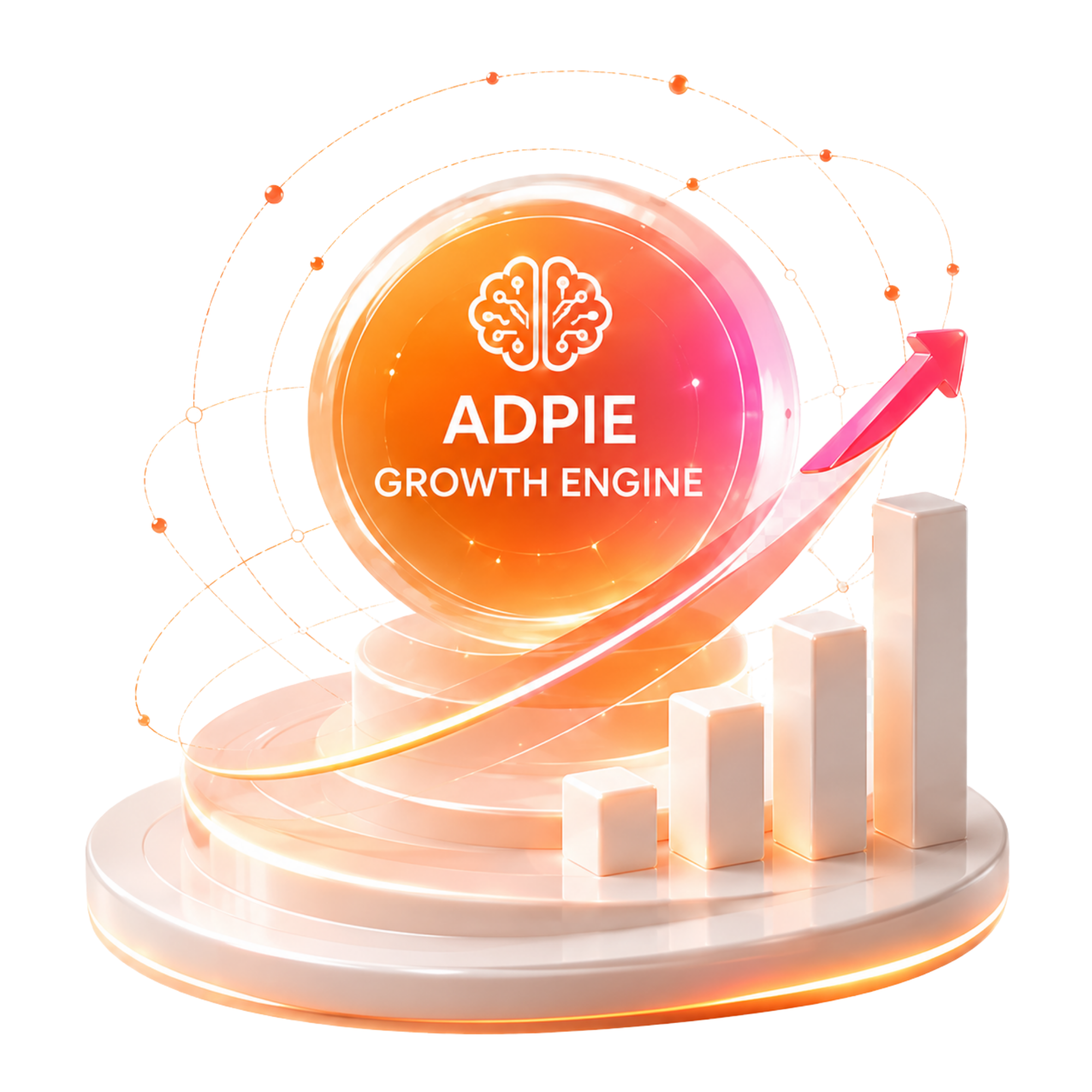 Adpie Growth Engine surrounded by connected signals, an upward arrow, and growth bars