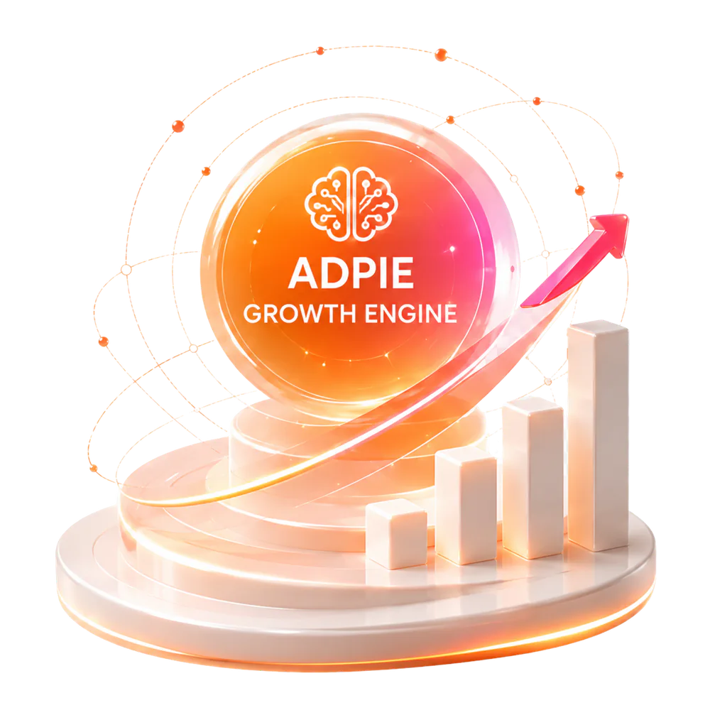 Adpie Growth Engine surrounded by connected signals, an upward arrow, and growth bars
